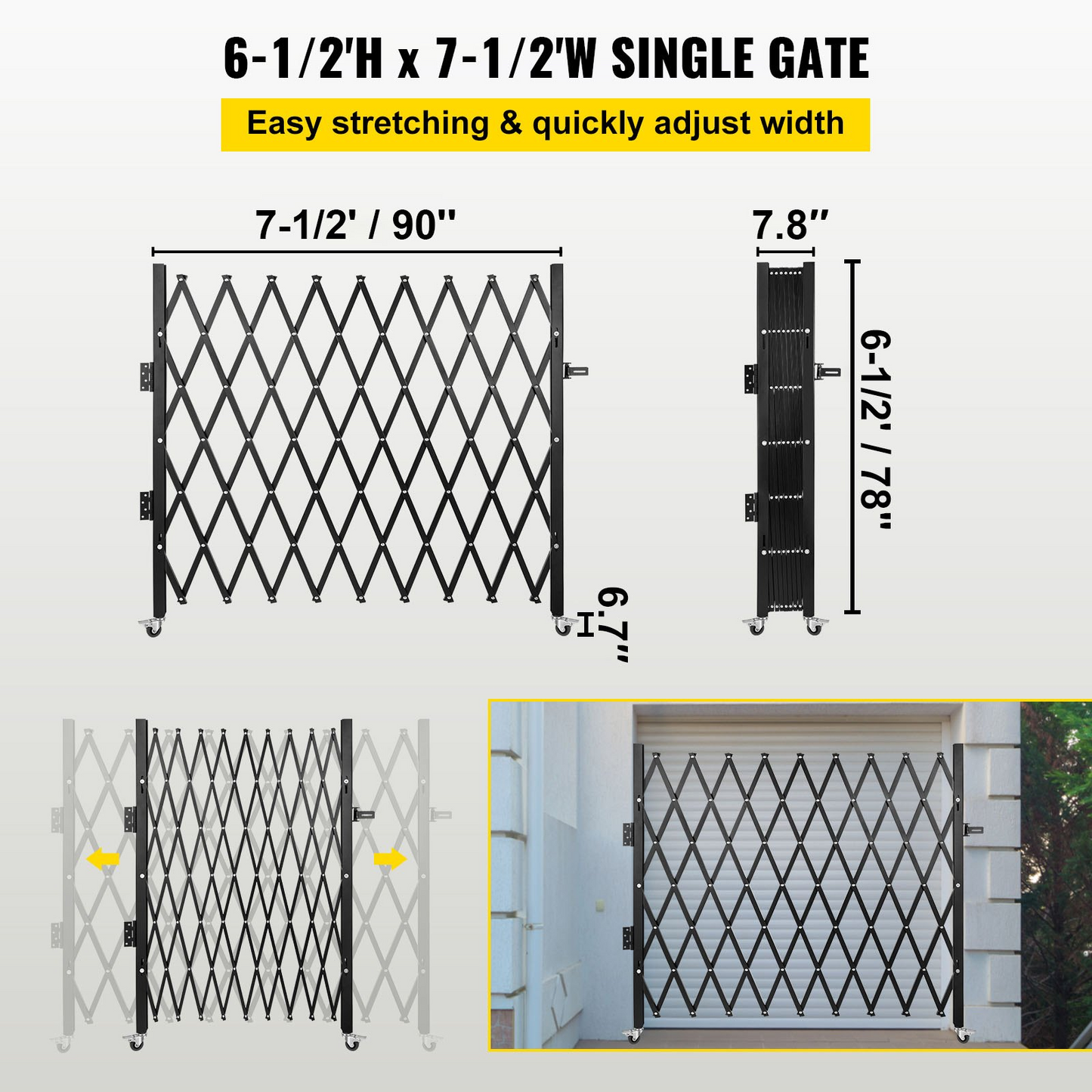 VEVOR Single Folding Security Gate, 7.1'H x 7.9' W （85 x 95 inch）Folding Door Gate, Steel Accordion Security Gate, Flexible Expanding Security Gate, 360° Rolling Barricade Gate, Scissor Gate/Door with Padlock