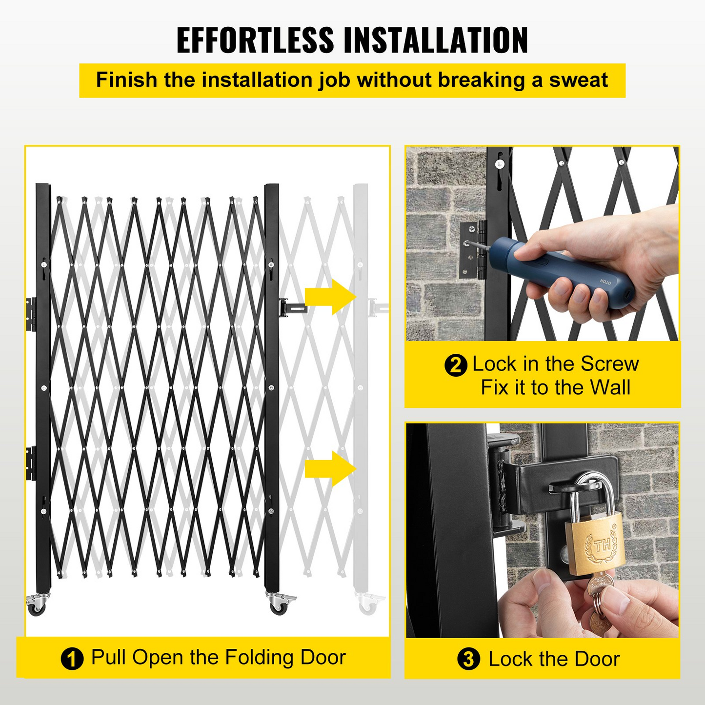 VEVOR Single Folding Security Gate, 7.1'H x 7.9' W （85 x 95 inch）Folding Door Gate, Steel Accordion Security Gate, Flexible Expanding Security Gate, 360° Rolling Barricade Gate, Scissor Gate/Door with Padlock