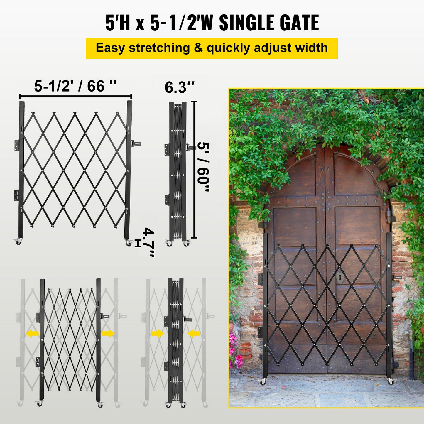 VEVOR Single Folding Security Gate, 5.1'H x 5.9'W （61 x 71 inch）Folding Door Gate, Steel Accordion Security Gate, Flexible Expanding Security Gate, 360° Rolling Barricade Gate, Scissor Gate/Door with Padlock