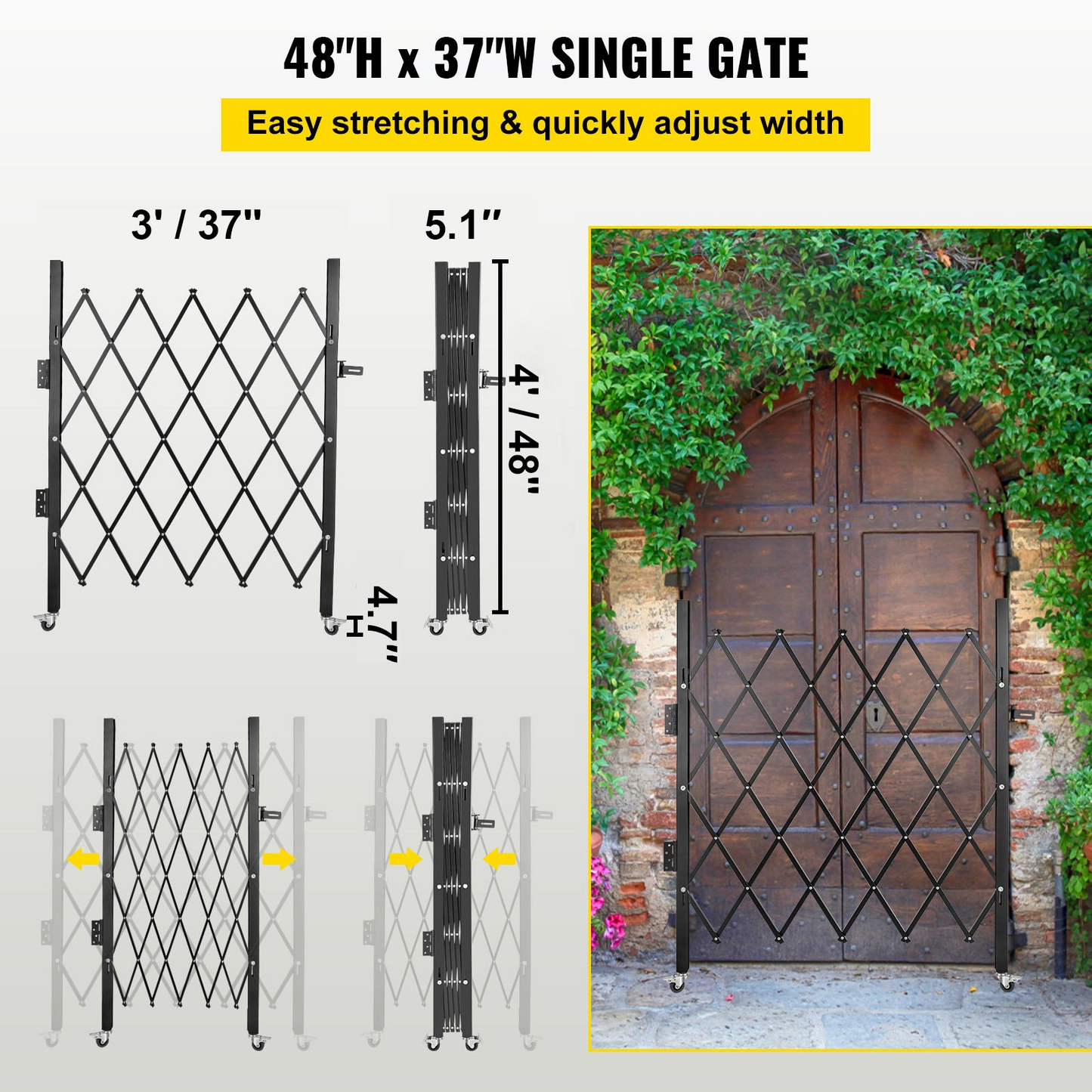 VEVOR Single Folding Security Gate, 48" H x 37" W Folding Door Gate, Steel Accordion Security Gate, Flexible Expanding Security Gate, 360° Rolling Barricade Gate, Scissor Gate or Door with Padlock