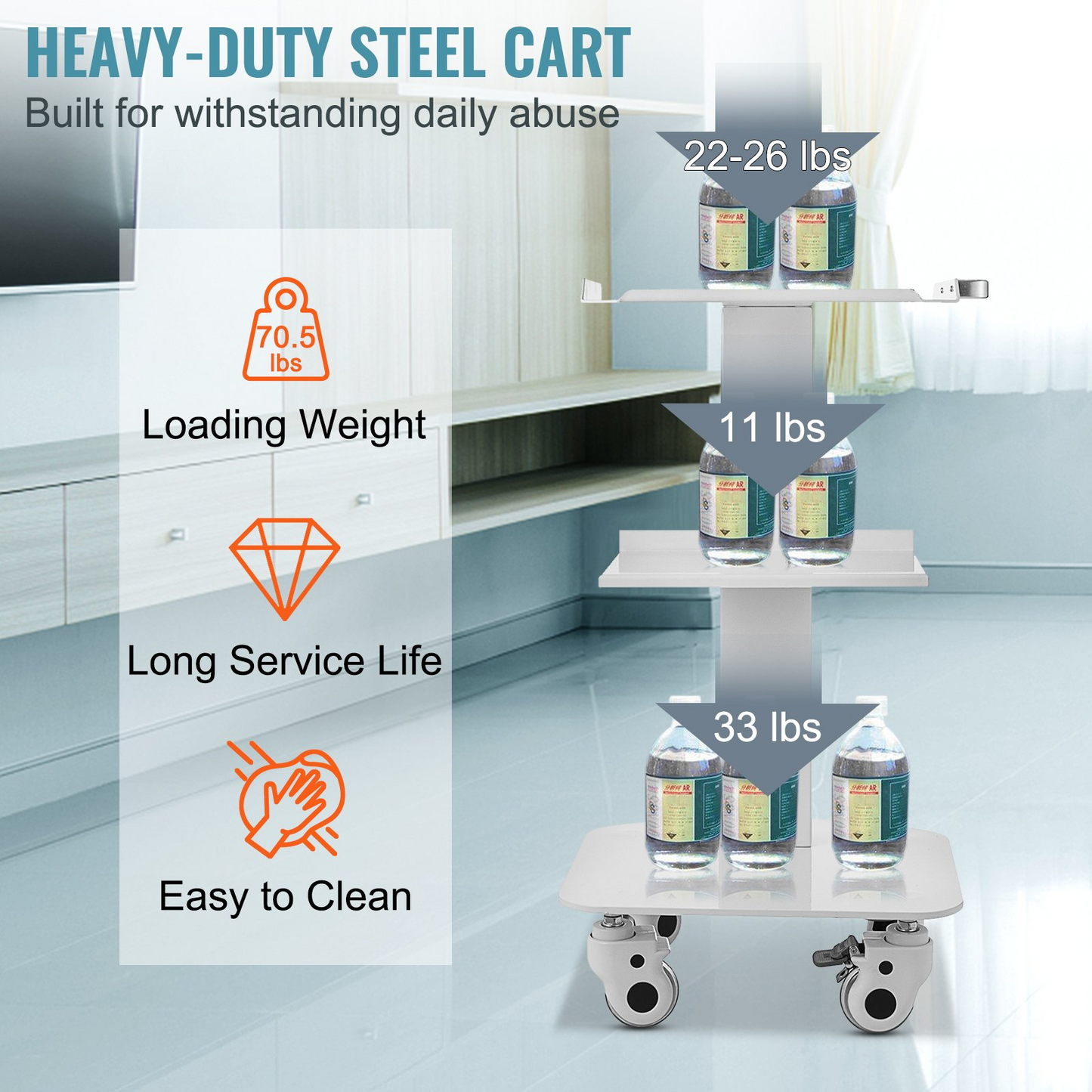 VEVOR 3 Trays Utility Cart 3-Layer Trolley Heavy Duty Lab Dental Rolling Utility Cart with 4 PE Wheels 2 of which can be Locked for Fixing Heavy-Duty with 33Lb Load Capacity