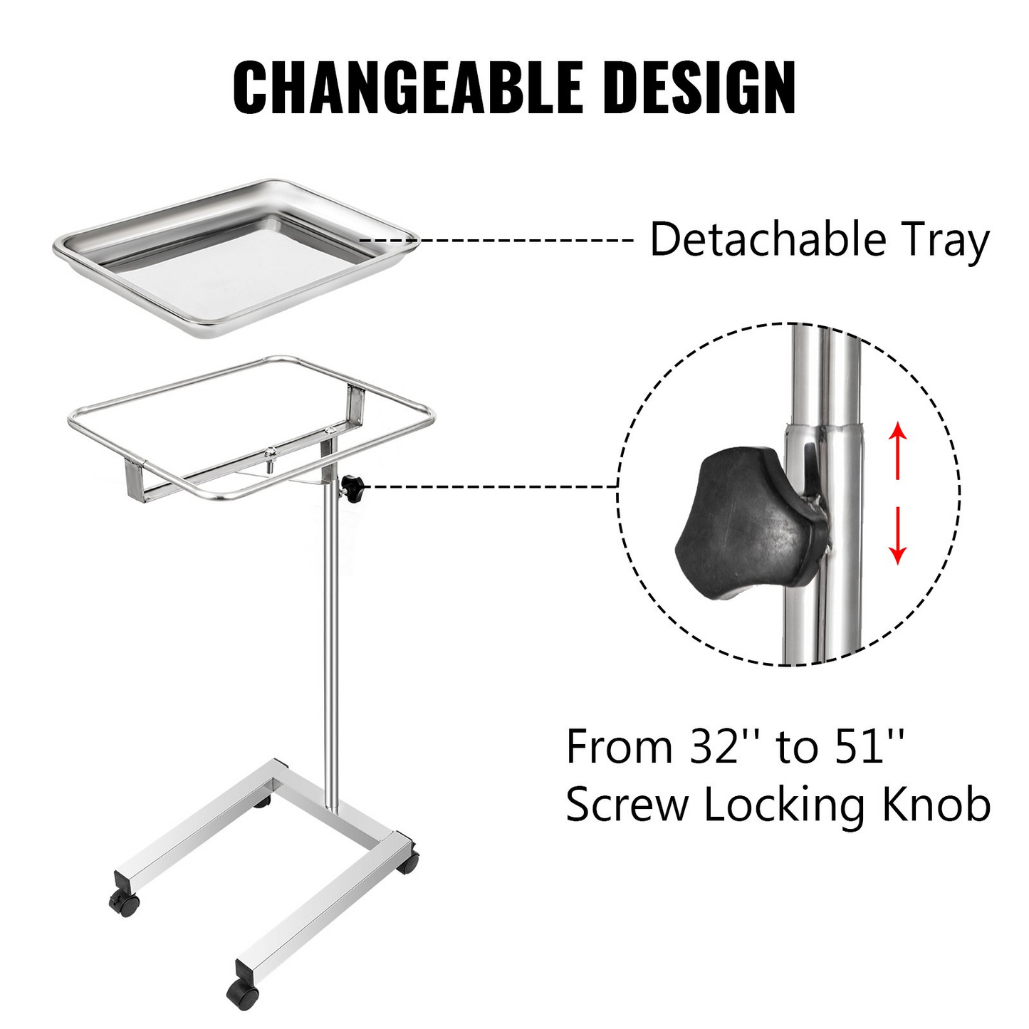 VEVOR Lab Cart Stainless Steel Mayo Tray Stand 18x14 Inch Trolley Mayo Stand Adjustable Height 32-51 Inch Instrument Tray w/Removable Tray & 4 Omnidirectional Wheels for Home Equipment Personal Care