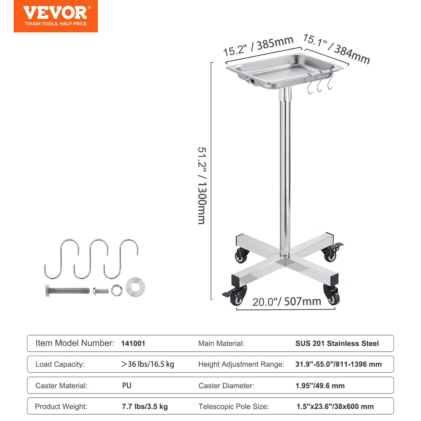 VEVOR Mayo Stand, Stainless Steel Mayo Tray, Load Capacity up to 36 lbs, Adjustable Height 31.9"-55", Medical Tray on Wheels with Removable Tray for Spa, Salon, Clinic, Personal Care