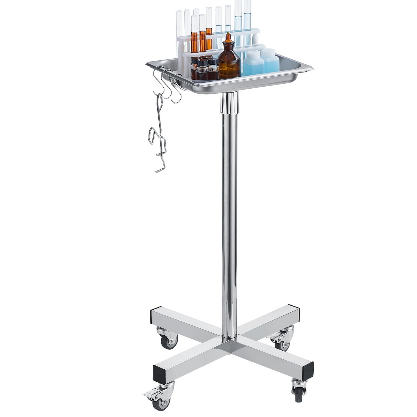 VEVOR Mayo Stand, Stainless Steel Mayo Tray, Load Capacity up to 36 lbs, Adjustable Height 31.9"-55", Medical Tray on Wheels with Removable Tray for Spa, Salon, Clinic, Personal Care