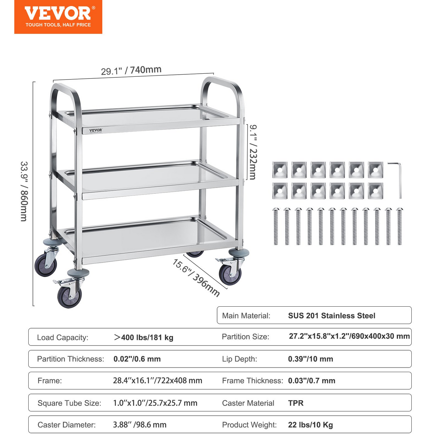 VEVOR Stainless Steel Cart, 3 Layers Lab Utility Cart 400 lbs Weight Capacity, Medical Cart with Lockable Universal Wheels, for Lab, Clinic, Kitchen, Salon