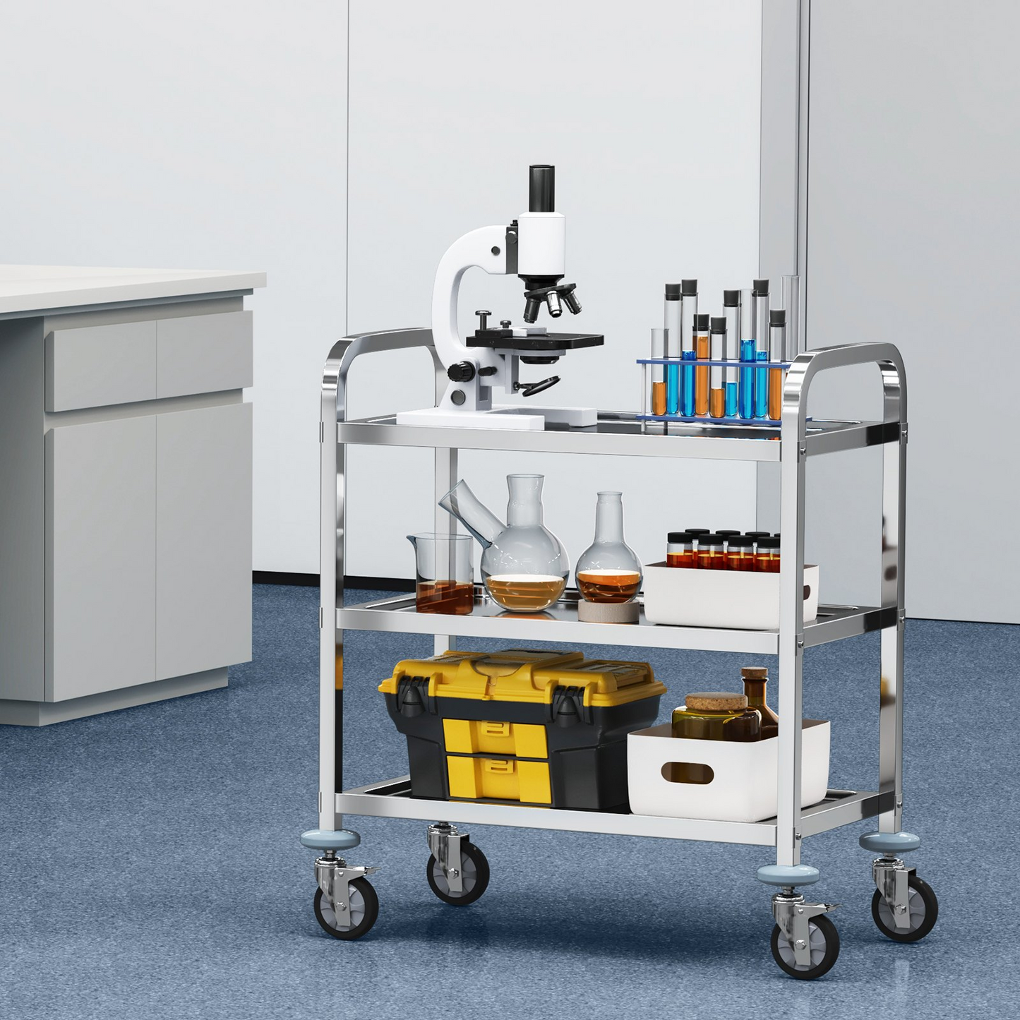 VEVOR Stainless Steel Cart, 3 Layers Lab Utility Cart 400 lbs Weight Capacity, Medical Cart with Lockable Universal Wheels, for Lab, Clinic, Kitchen, Salon