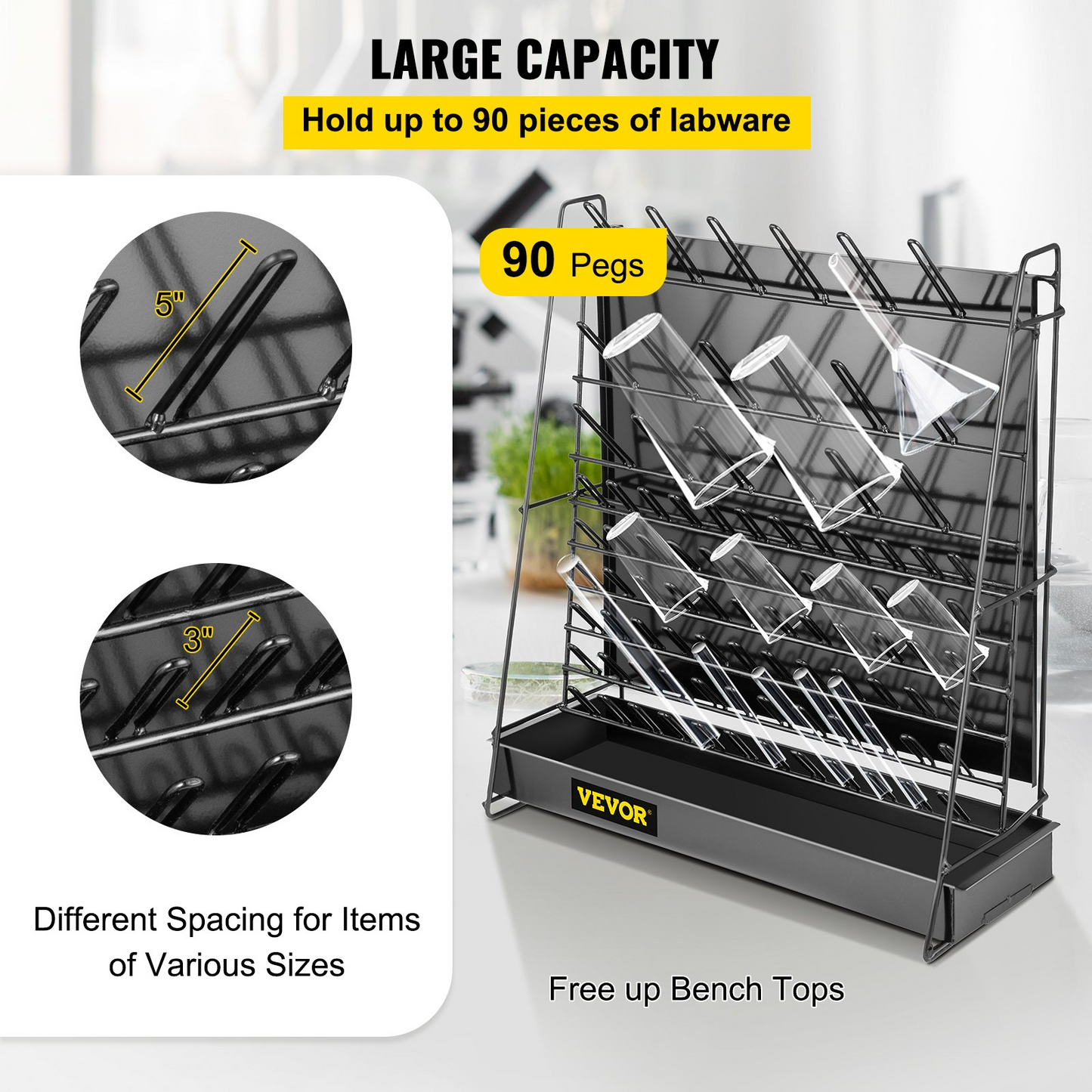 VEVOR Drying Rack for Lab, 90 Pegs Lab Glassware Rack Steel Wire Glassware Drying Rack Wall-Mount/Free-Standing Detachable Pegs Lab Glass Drying Rack Black Cleaning Frame for School Laboratory