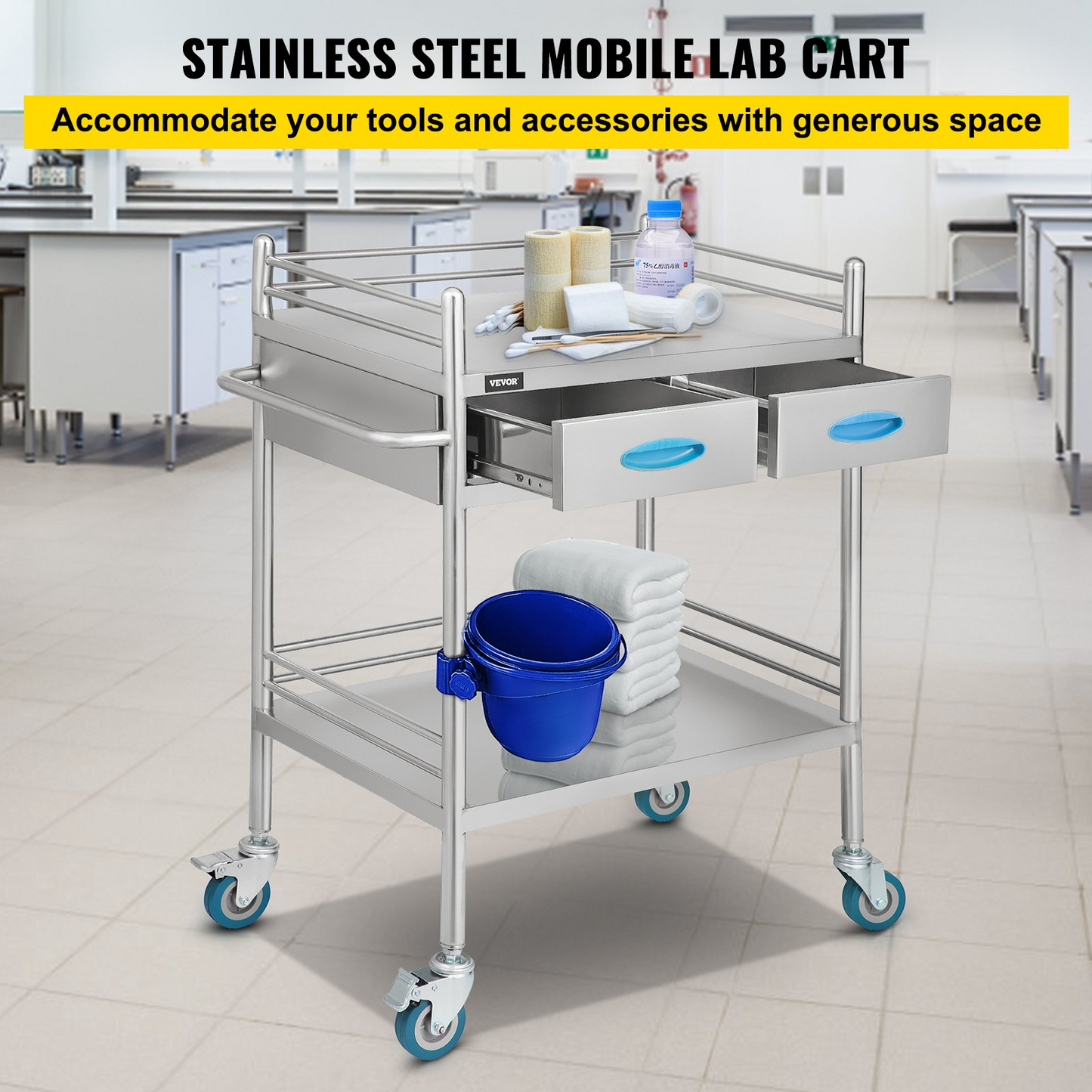 VEVOR Lab Serving Cart Utility Cart Stainless Steel Medical Cart with Two Drawers for lab Equipment Use Grade I Stainless Steel Utility Services (2 Shelves/ 2 Drawer)