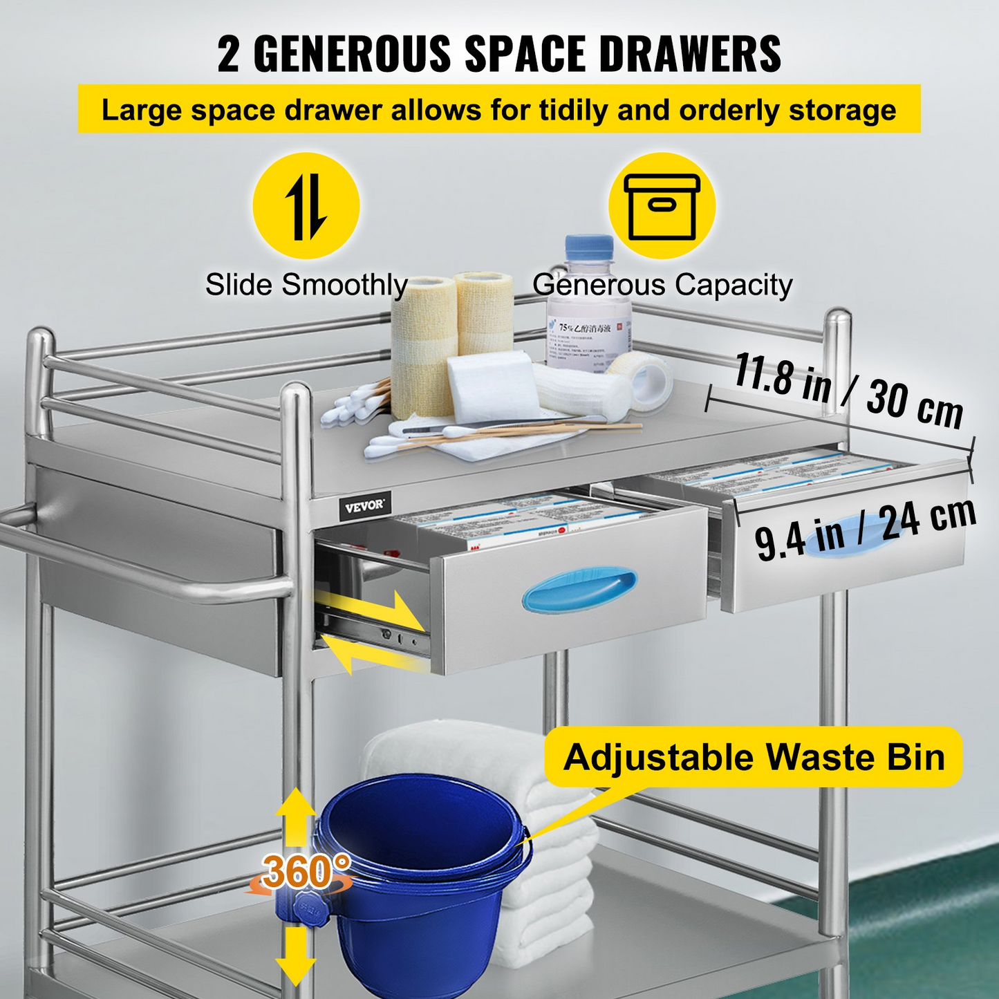 VEVOR Lab Serving Cart Utility Cart Stainless Steel Medical Cart with Two Drawers for lab Equipment Use Grade I Stainless Steel Utility Services (2 Shelves/ 2 Drawer)