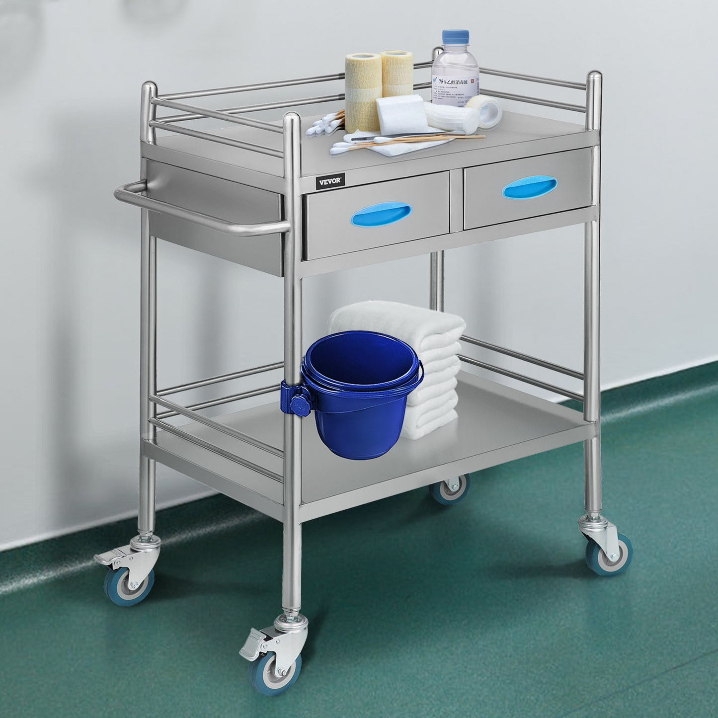 VEVOR Lab Serving Cart Utility Cart Stainless Steel Medical Cart with Two Drawers for lab Equipment Use Grade I Stainless Steel Utility Services (2 Shelves/ 2 Drawer)