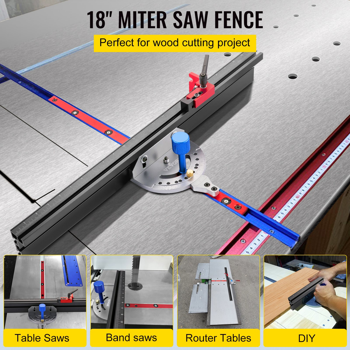 VEVOR Precision Miter Gauge, 18" Aluminum Table Saw Miter Gauge w/ 60 Degree Angled Ends for Max. Stock Support and a Repetitive Cut Flip Stop, Miter Saw Fence w/Laser Marking Scale