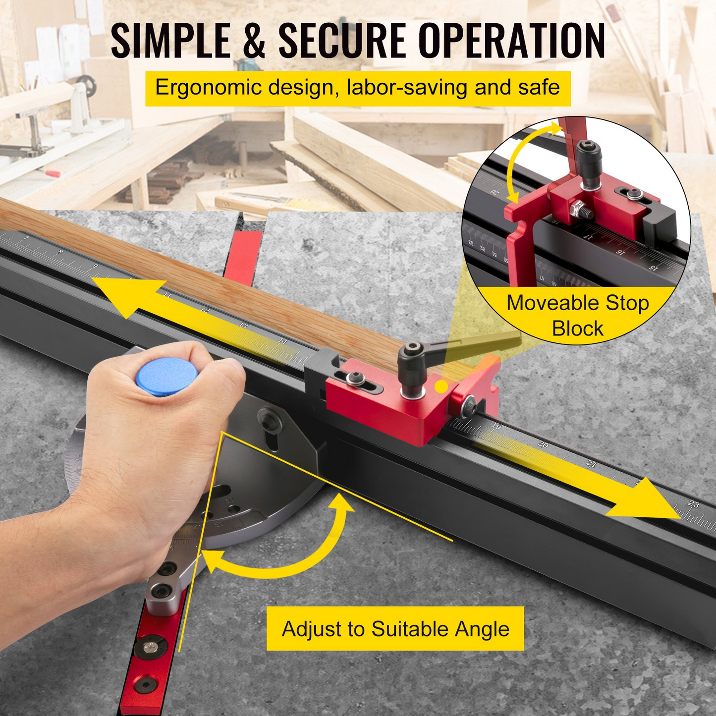 VEVOR Precision Miter Gauge, 18" Aluminum Table Saw Miter Gauge w/ 60 Degree Angled Ends for Max. Stock Support and a Repetitive Cut Flip Stop, Miter Saw Fence w/Laser Marking Scale