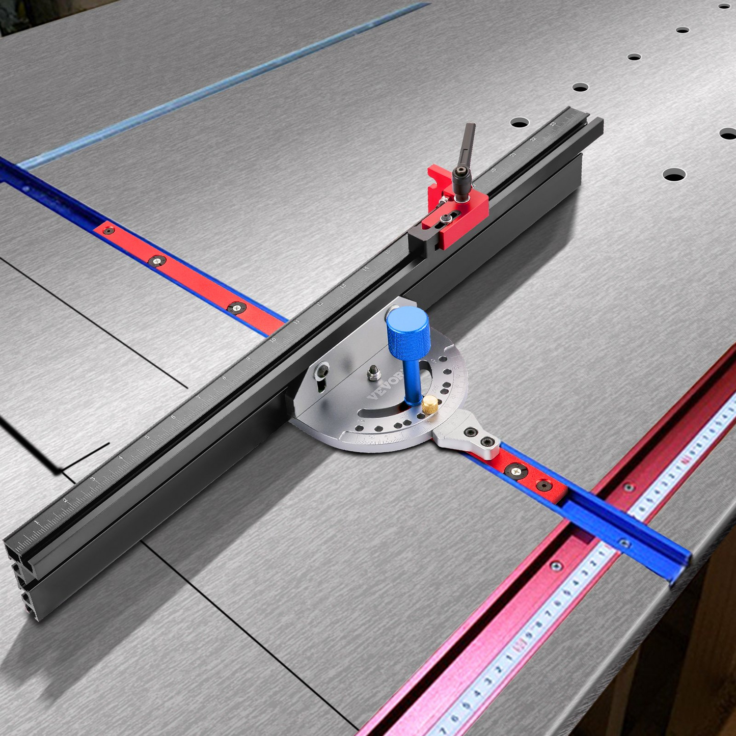 VEVOR Precision Miter Gauge, 18" Aluminum Table Saw Miter Gauge w/ 60 Degree Angled Ends for Max. Stock Support and a Repetitive Cut Flip Stop, Miter Saw Fence w/Laser Marking Scale