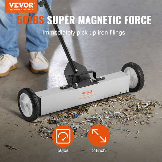 VEVOR 50Lbs Rolling Magnetic Sweeper with Wheels, Push-Type Magnetic Pick Up Sweeper, 24-inch Large Magnet Pickup Lawn Sweeper with Telescoping Handle, Easy Cleanup of Workshop Garage Yard