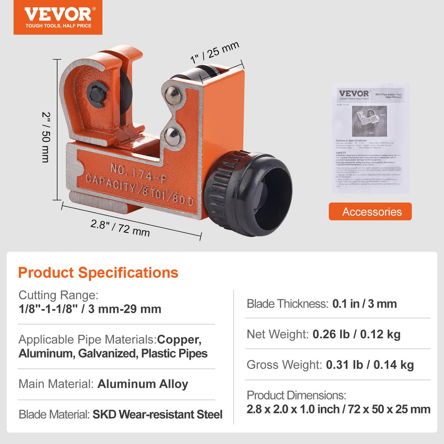 VEVOR Mini Tubing Cutter, 1/8" - 1-1/8" O.D. Mini Copper Pipe Cutter, Heavy Duty Compact Tube Cutter Tool with High-Speed SKD Blade for Copper, Aluminum, Galvanized, Plastic Pipes