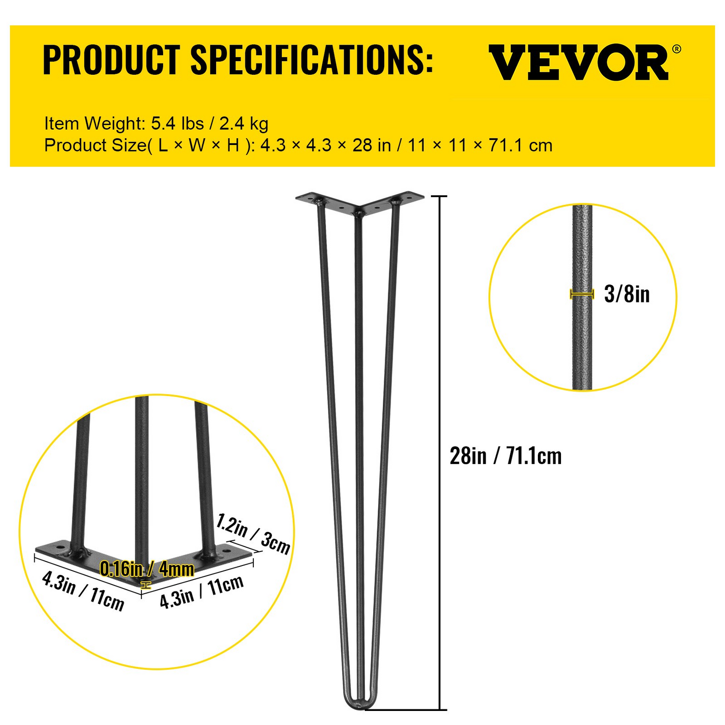 VEVOR Hairpin Table Legs 28" Black Set of 4 Desk Legs 880lbs Load Capacity (Each 220lbs) Hairpin Desk Legs 3 Rods for Bench Desk Dining End Table Chairs Carbon Steel DIY Heavy Duty Furniture Legs