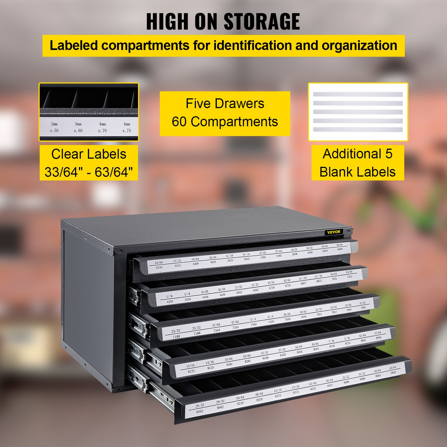 VEVOR Drill Bit Dispenser Cabinet, Five-Drawer Drill Bit Dispenser, 1/2" Reduced Shank Drill Bit Organizer Cabinet, Drill Dispenser Organizer Cabinet for Sizes 33/64" to 63/64" in 1/64" Increments