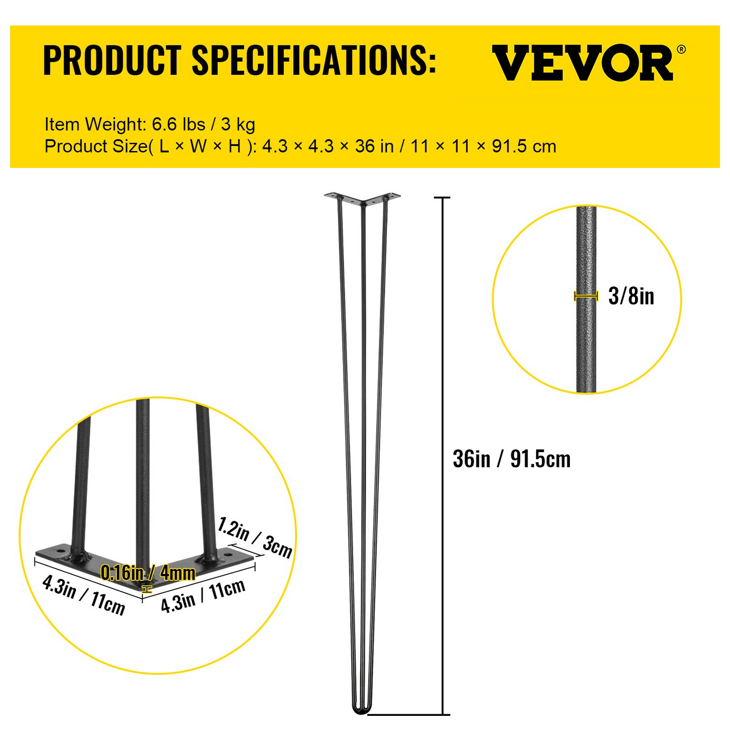 VEVOR Hairpin Table Legs 36" Black Set of 4 Desk Legs 880lbs Load Capacity (Each 220lbs) Hairpin Desk Legs 3 Rods for Bench Desk Dining End Table Chairs Carbon Steel DIY Heavy Duty Furniture Legs