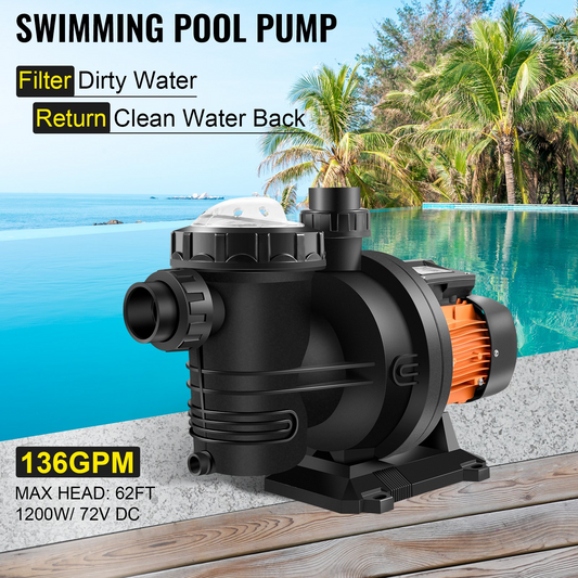 VEVOR Pool Pump Swimming Pool Pump 72V DC/1200W Solar Water Pump 62 FT/136 GPM