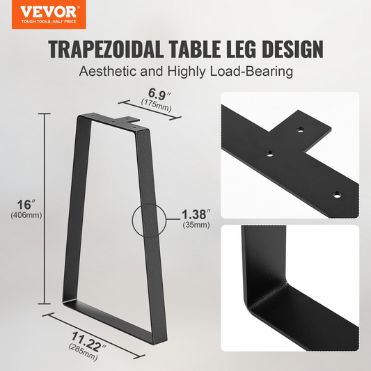 VEVOR 16 inch Trapezoid Steel Table Legs, Replacement Furniture Legs Set of 2 for DIY Coffee Tables, Modern Desks, Bench, Night Stands, Sofa, Max Load 400 lbs Heavy Duty, Quick Instalation Legs Black