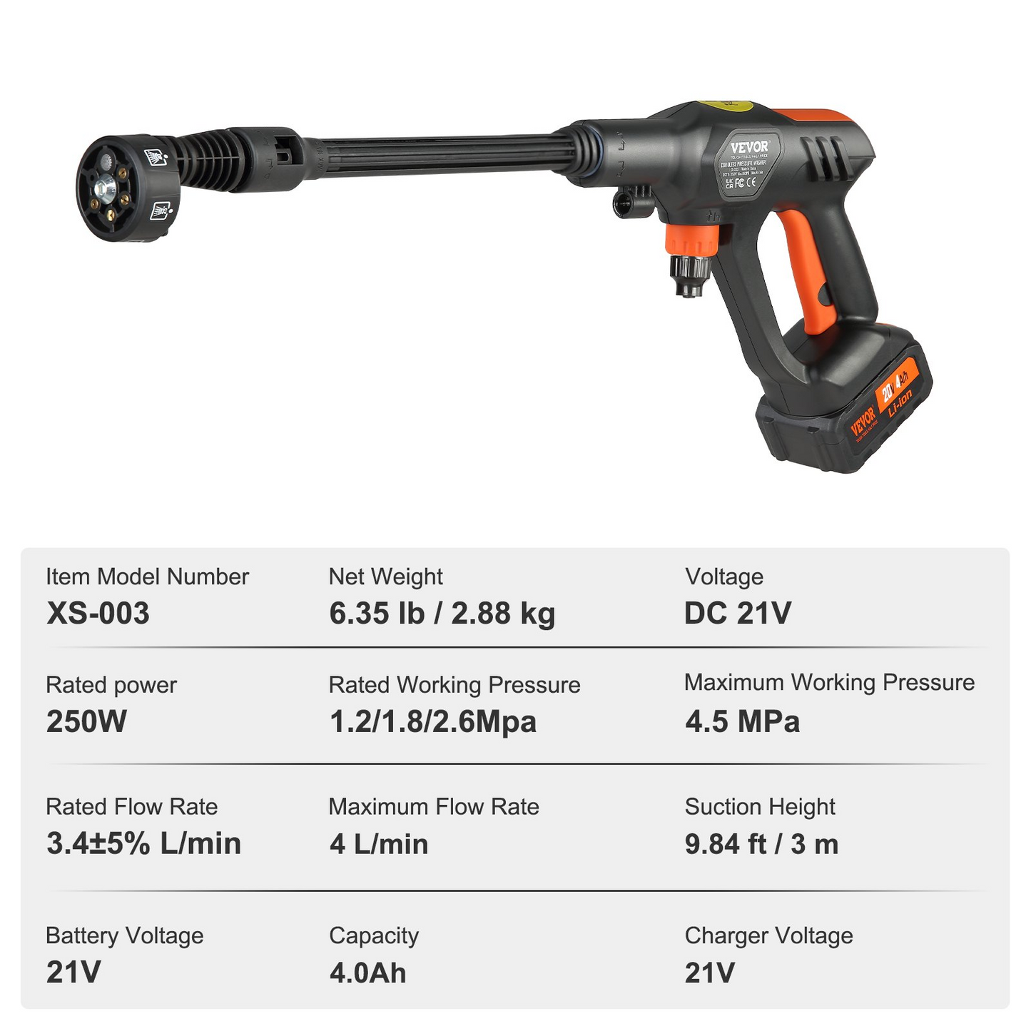 VEVOR Cordless Pressure Washer, 652-PSI 1.1 GPM Portable Power Cleaner, Handheld High-Pressure Car Washer Gun with 4.0Ah Battery, Charger, 6-in-1 Nozzle, for Home/Floor Cleaning & Watering