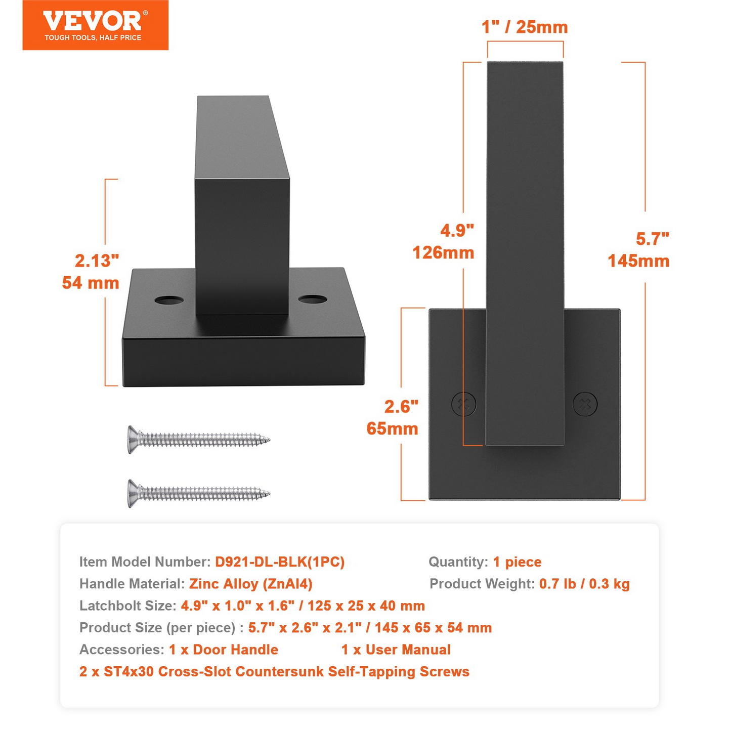 VEVOR Dummy Door Lever, 1 PC Non-Turning Single Side Push/Pull Handle, Contemporary Square Door Lever Set, Reversible for Right and Left Sided Doors,For Pantry, Closet, and French Doors, Matte Black