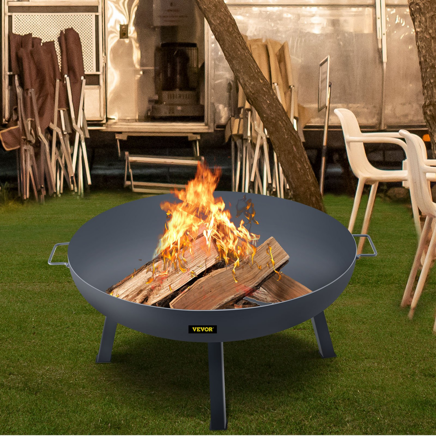 VEVOR Fire Pit Bowl, 34-Inch Diameter Round Carbon Steel Fire Bowl, Wood Burning for Outdoor Patios, Backyards & Camping Uses, with A Drain Hole, Portable Handles and A Firewood Stick, Black