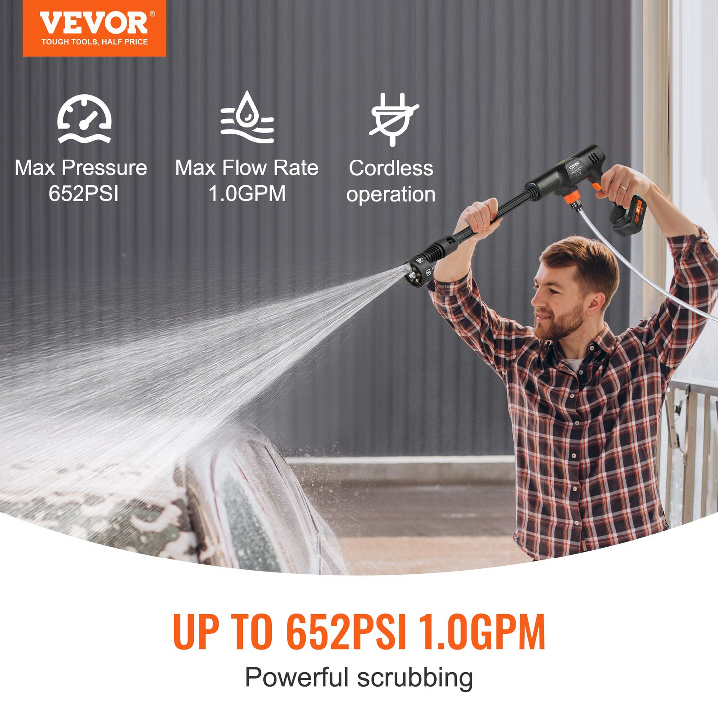 VEVOR Cordless Pressure Washer, 652-PSI 1.0 GPM Portable Power Cleaner, Handheld High-Pressure Car Washer Gun with 4.0Ah Battery, Charger, 6-in-1 Nozzle, for Home/Floor Cleaning & Watering