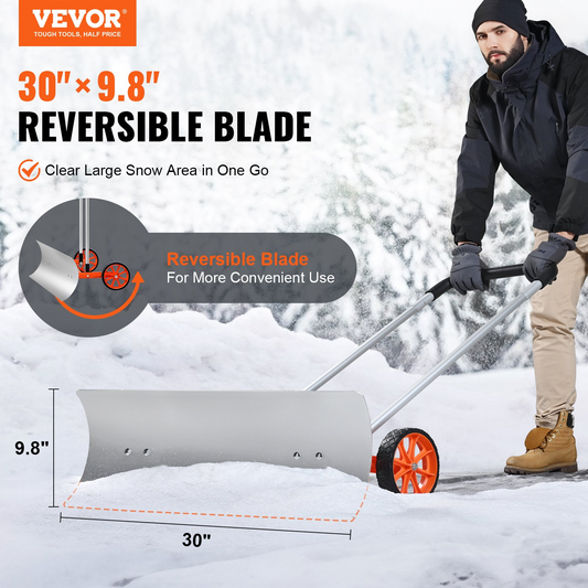 VEVOR Snow Shovel with Wheels, 30 inch Snow Shovel for Driveway, Metal Snow Shovel Pusher for Snow Removal, Heavy Duty Shovel Pusher with Wide Blade and U-shaped Aluminum Alloy Handle