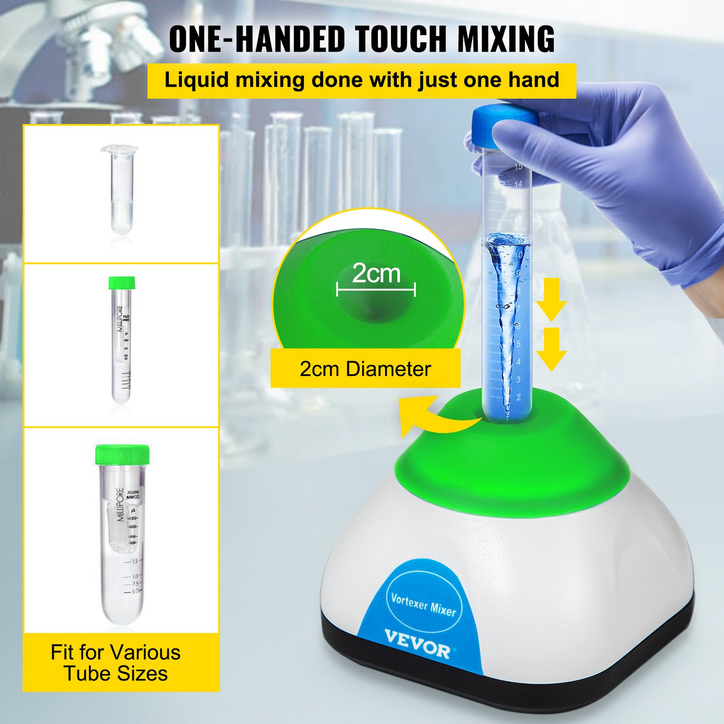 VEVOR Vortex Mixer, 3000RPM Mini Vortex Mixer Shaker, Touch Function Scientific Lab Vortex Shaker, Mix Up to 50ML, 6mm Orbital Diameter for Test Tube, Tattoo Ink, Nail Polish, Eyelash Adhesives, Paint