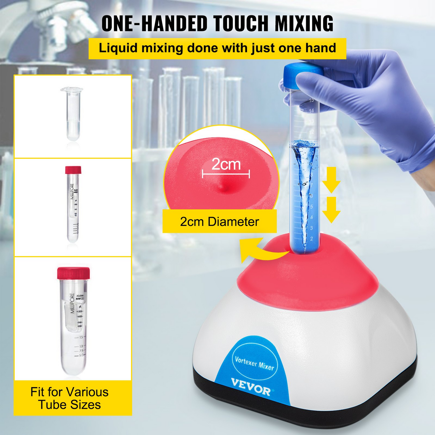 VEVOR Vortex Mixer, 3000RPM Mini Vortex Mixer Shaker, Touch Function Scientific Lab Vortex Shaker, Mix Up to 50ML, 6mm Orbital Diameter for Test Tube, Tattoo Ink, Nail Polish, Eyelash Adhesives, Paint