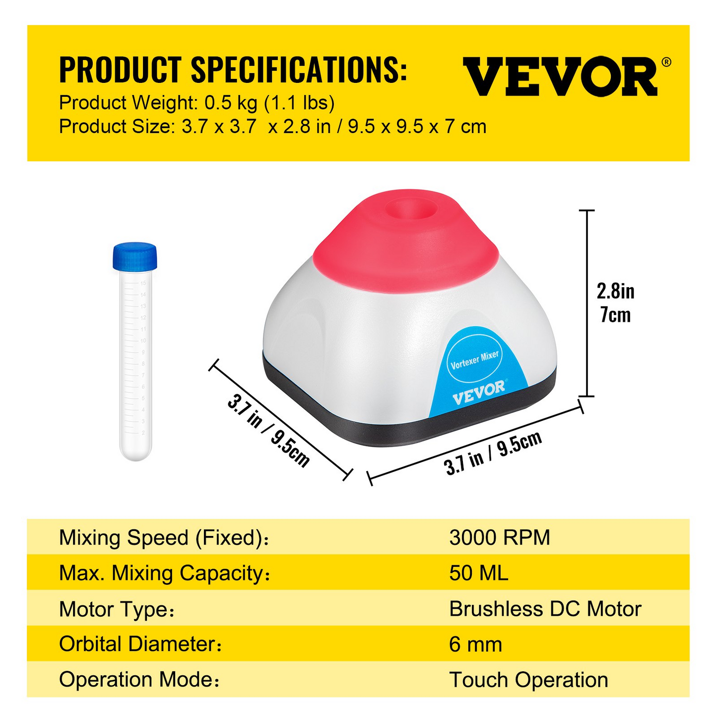 VEVOR Vortex Mixer, 3000RPM Mini Vortex Mixer Shaker, Touch Function Scientific Lab Vortex Shaker, Mix Up to 50ML, 6mm Orbital Diameter for Test Tube, Tattoo Ink, Nail Polish, Eyelash Adhesives, Paint