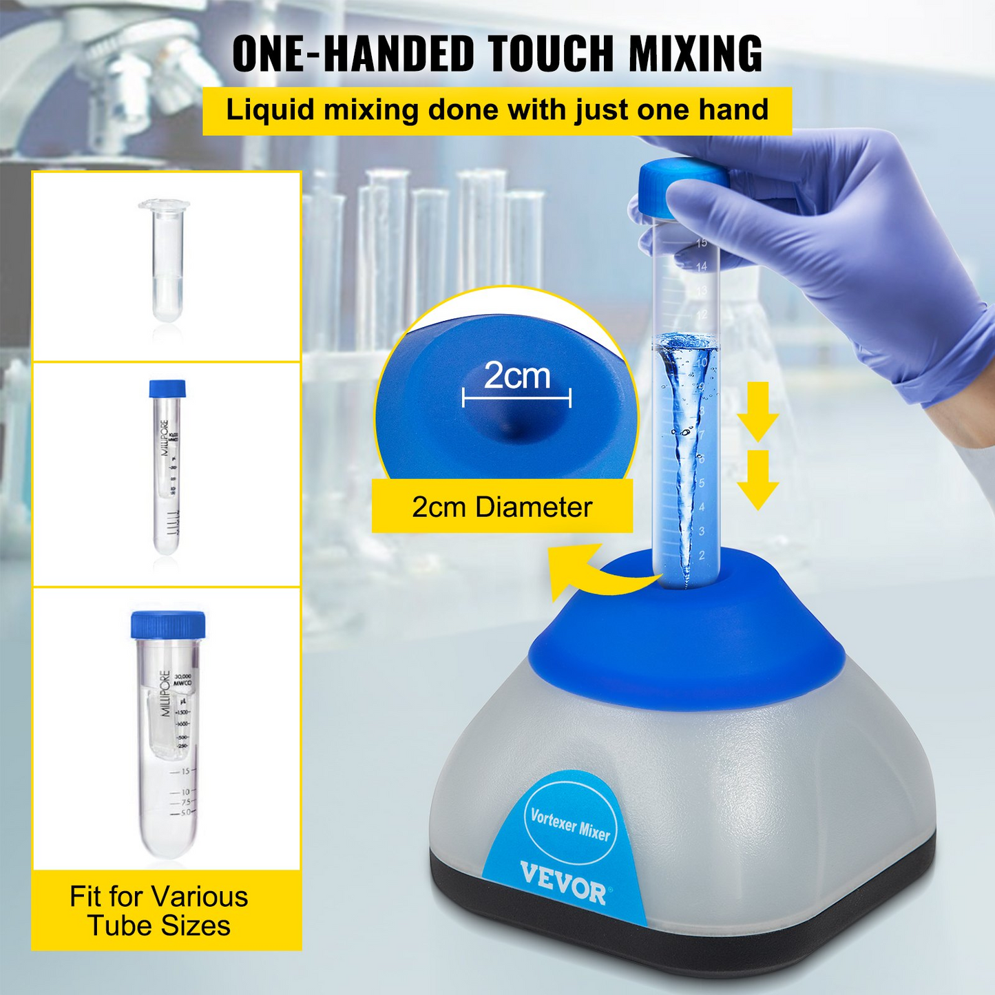 VEVOR Vortex Mixer, 3000rpm Mini Vortex Mixer Shaker, Touch Function Scientific Lab Vortex Shaker, Mix Up to 50ml, 6mm Orbital Diameter for Test Tube, Tattoo Ink, Nail Polish, Eyelash Adhesives, Paint