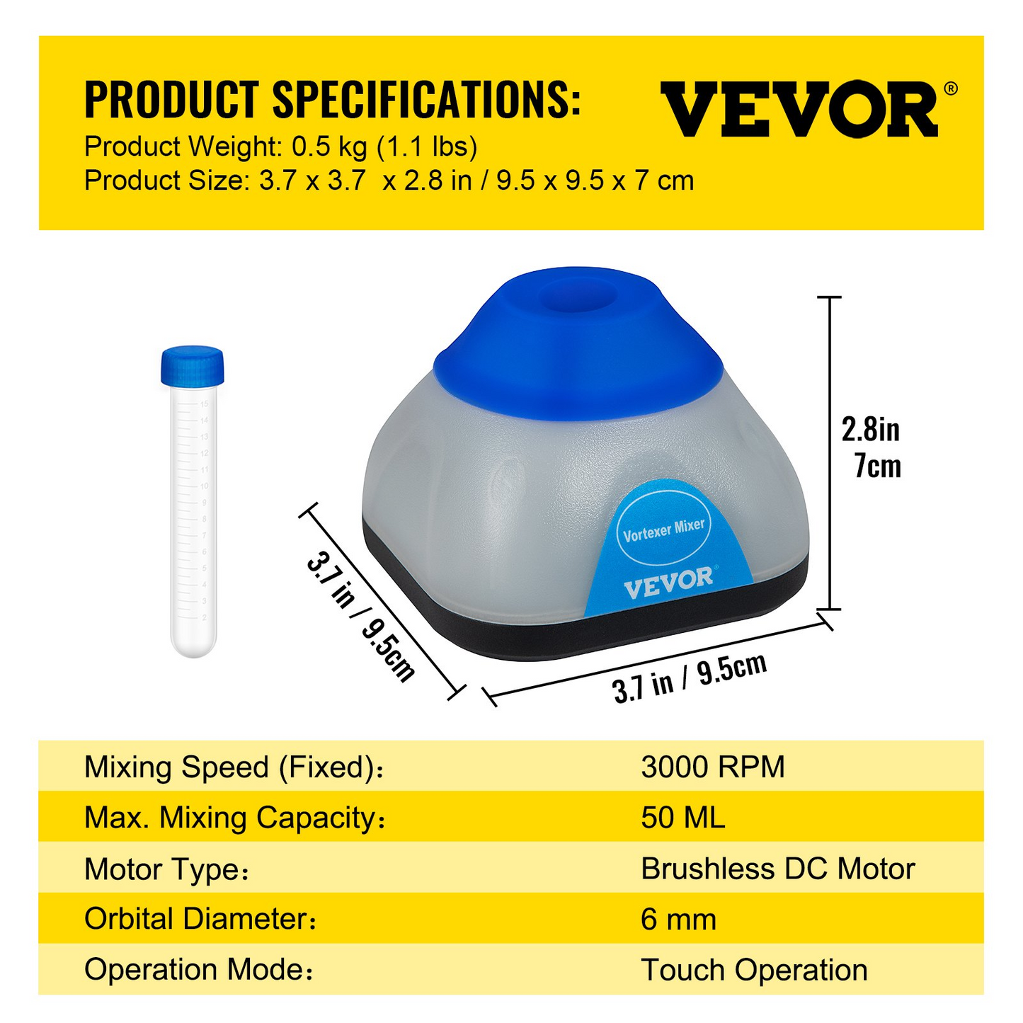 VEVOR Vortex Mixer, 3000rpm Mini Vortex Mixer Shaker, Touch Function Scientific Lab Vortex Shaker, Mix Up to 50ml, 6mm Orbital Diameter for Test Tube, Tattoo Ink, Nail Polish, Eyelash Adhesives, Paint