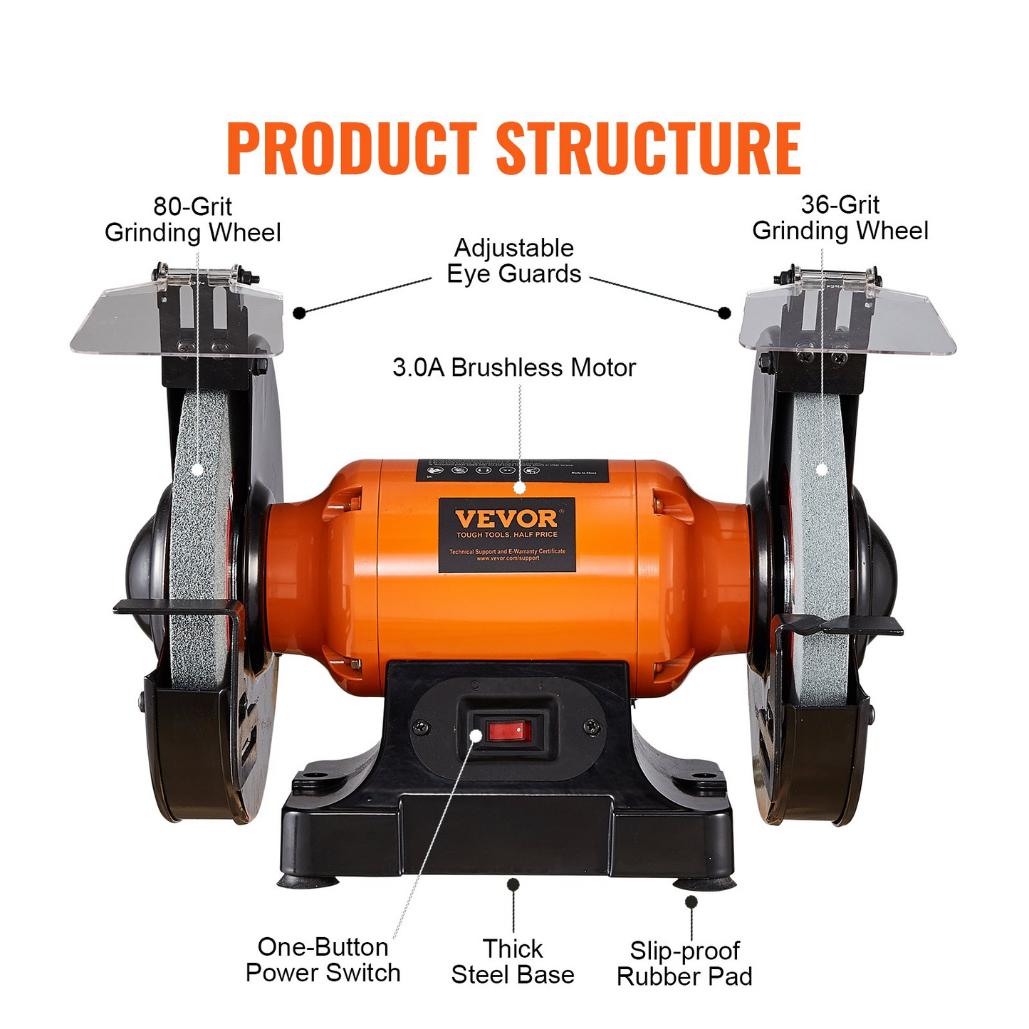 VEVOR Bench Grinder, 8 inch Single Speed Bench Grinder with 3A Brushless Motor 3580 RPM Table Grinder with 36/80-Grit Grinding Wheels for Grinding, Sharpening Application