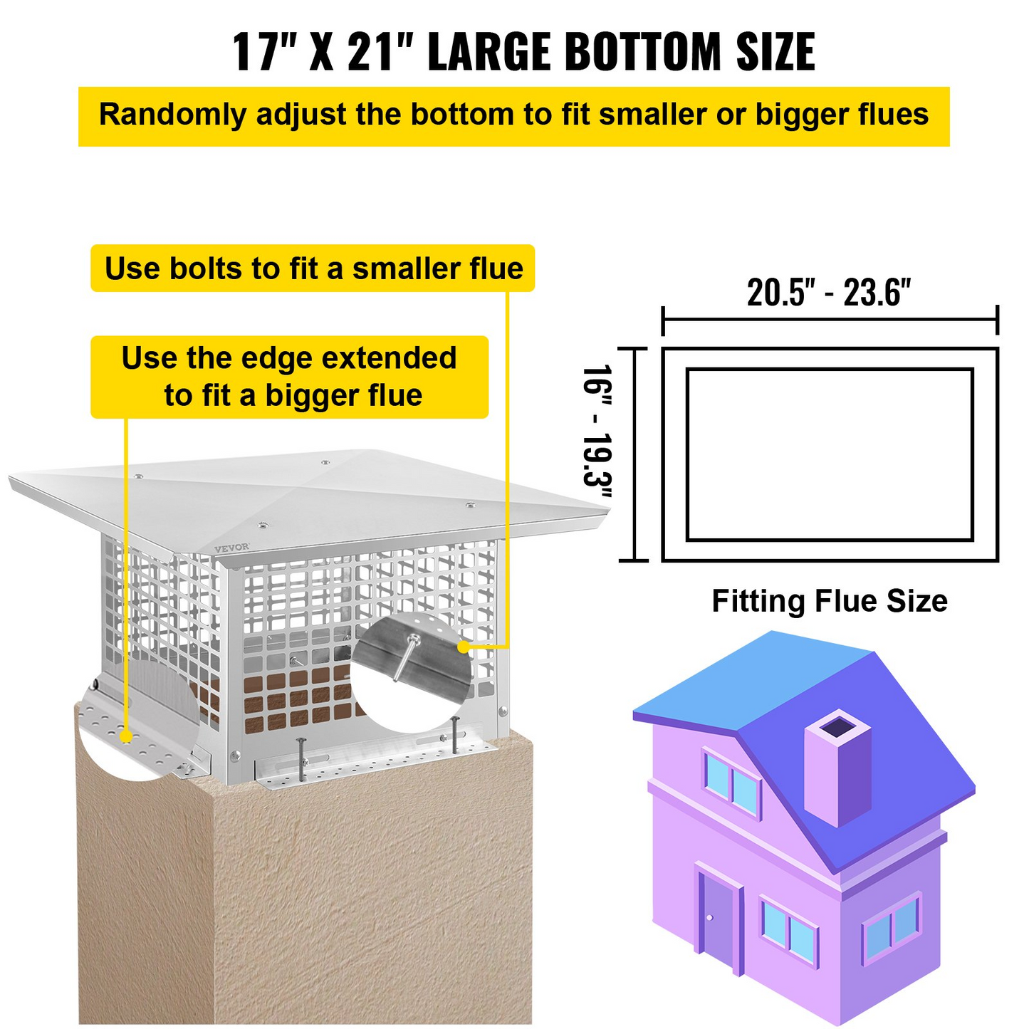 VEVOR Chimney Cap, 17" x 21" Flue Caps, 304 Stainless Steel Fireplace Chimney Cover, Adjustable Metal Spark Arrestor with Bolts Screws, Mesh Chimney Flue Cover for Outside Existing Clay Flue Tile