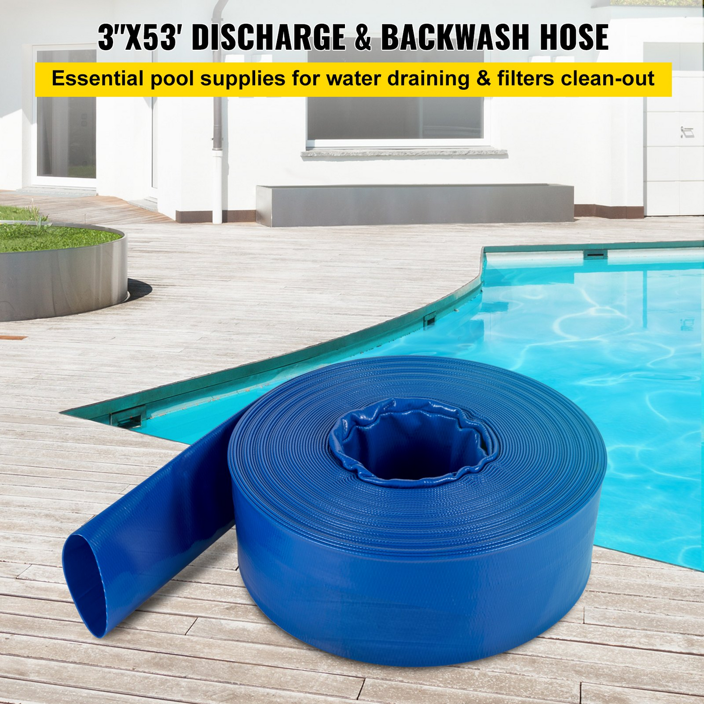 VEVOR Discharge Hose, 3" x 53', PVC Lay Flat Hose, Heavy Duty Backwash Drain Hose with Clamps, Weather-proof & Burst-proof, Ideal for Swimming Pool & Water Transfer, Blue