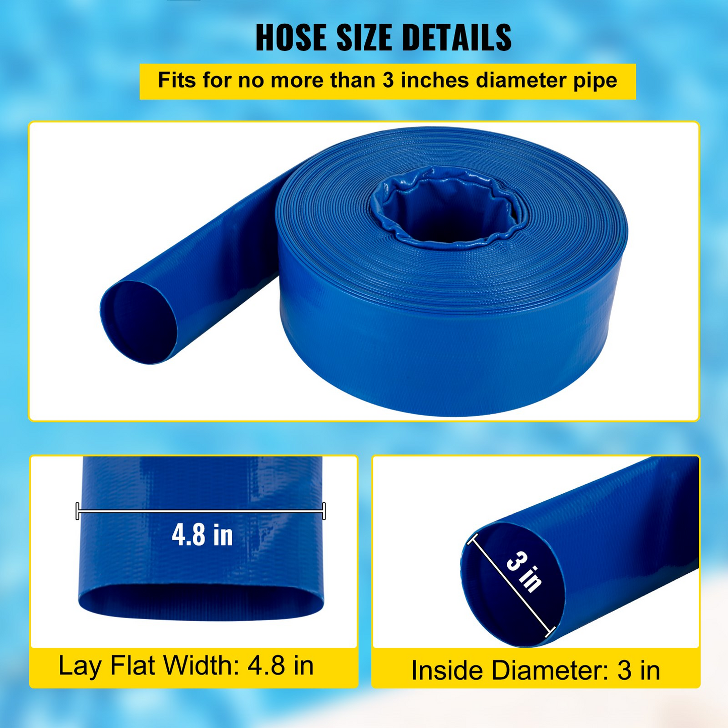 VEVOR Discharge Hose, 3" x 53', PVC Lay Flat Hose, Heavy Duty Backwash Drain Hose with Clamps, Weather-proof & Burst-proof, Ideal for Swimming Pool & Water Transfer, Blue