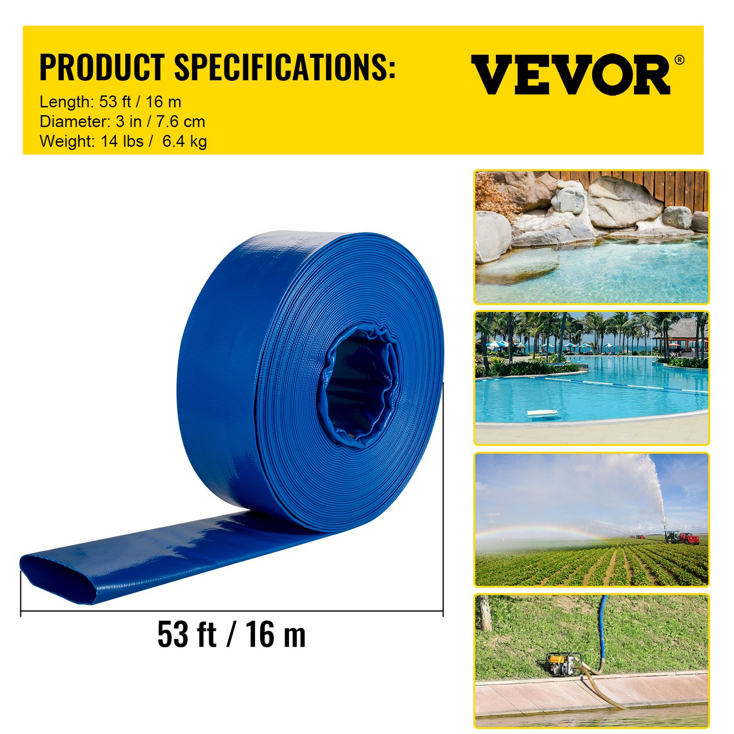 VEVOR Discharge Hose, 3" x 53', PVC Lay Flat Hose, Heavy Duty Backwash Drain Hose with Clamps, Weather-proof & Burst-proof, Ideal for Swimming Pool & Water Transfer, Blue