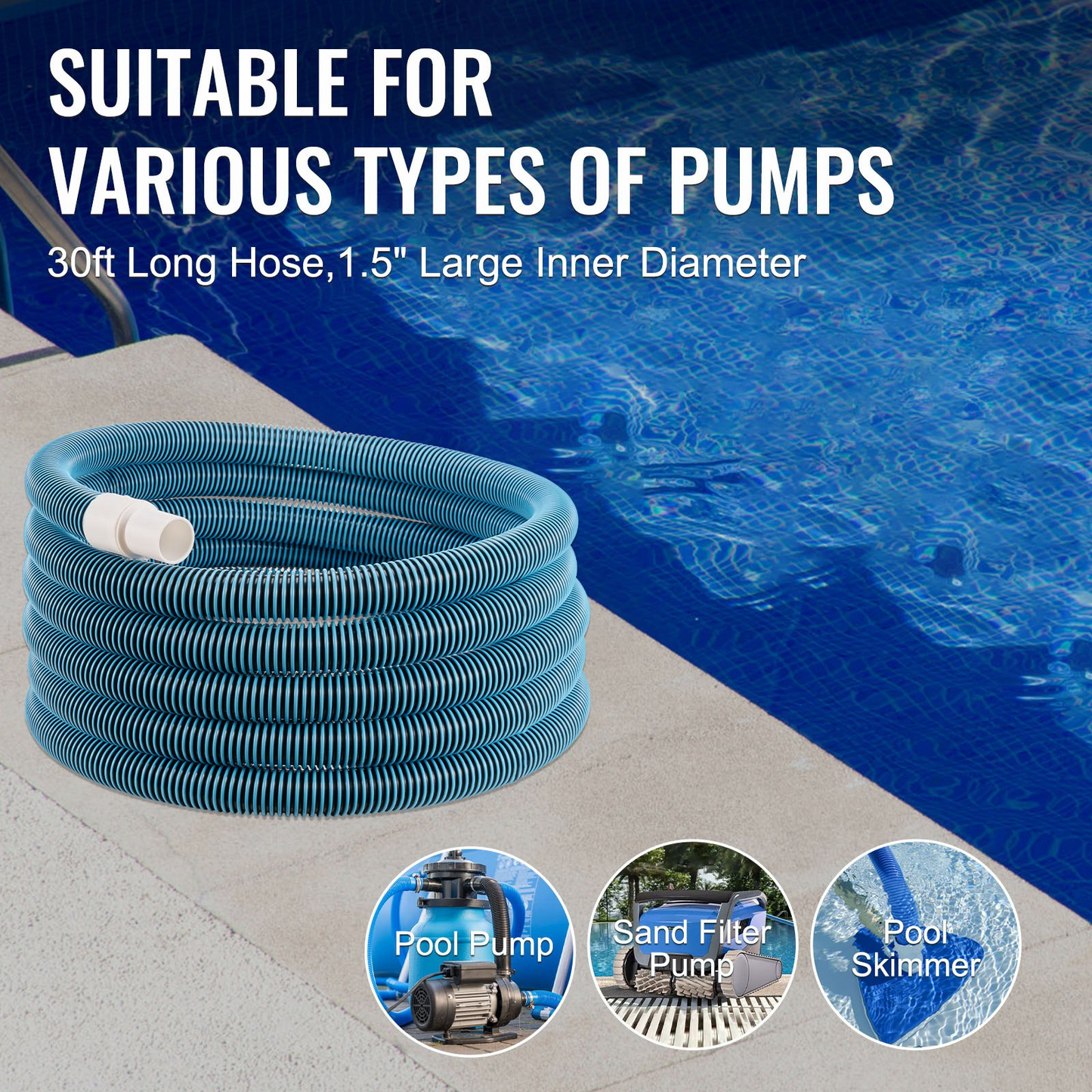 VEVOR Heavy Duty Swimming Pool Hose, 1-1/2-Inch x 30-Feet, Pool Vacuum Cleaning Hose, Compatible with Above Ground Pool In-Ground Pool Sand Filter Pump Pool Pump Pool Skimmer Various Cleaning Products