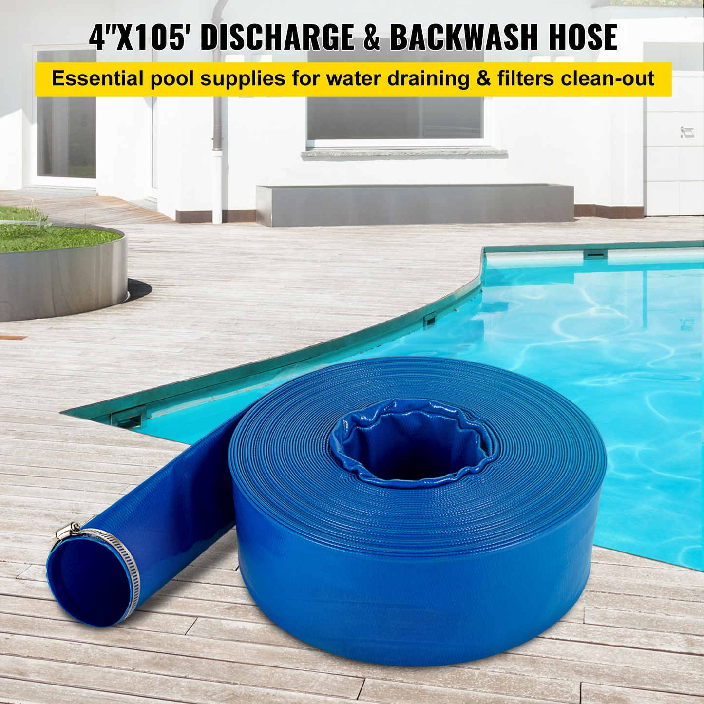 VEVOR Discharge Hose, 4" x 105', PVC Lay Flat Hose, Heavy Duty Backwash Drain Hose with Clamps, Weather-proof & Burst-proof, Ideal for Swimming Pool & Water Transfer, Blue