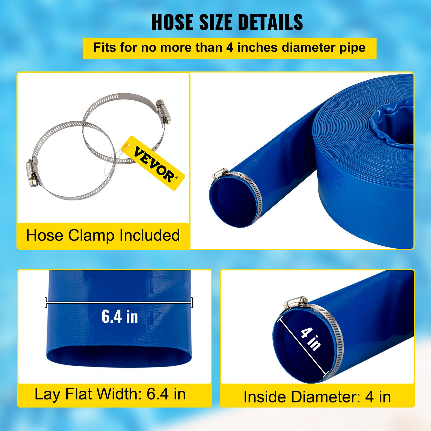 VEVOR Discharge Hose, 4" x 105', PVC Lay Flat Hose, Heavy Duty Backwash Drain Hose with Clamps, Weather-proof & Burst-proof, Ideal for Swimming Pool & Water Transfer, Blue