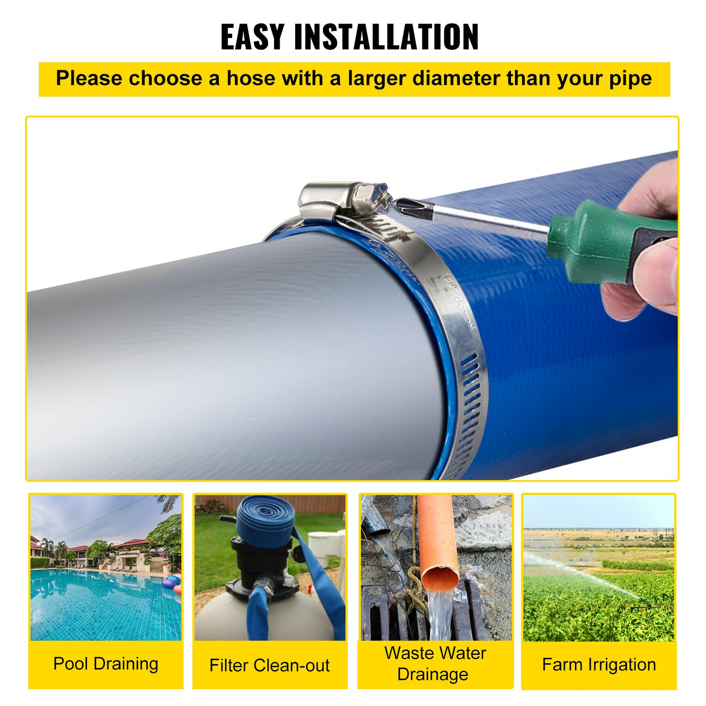 VEVOR Discharge Hose, 4" x 105', PVC Lay Flat Hose, Heavy Duty Backwash Drain Hose with Clamps, Weather-proof & Burst-proof, Ideal for Swimming Pool & Water Transfer, Blue