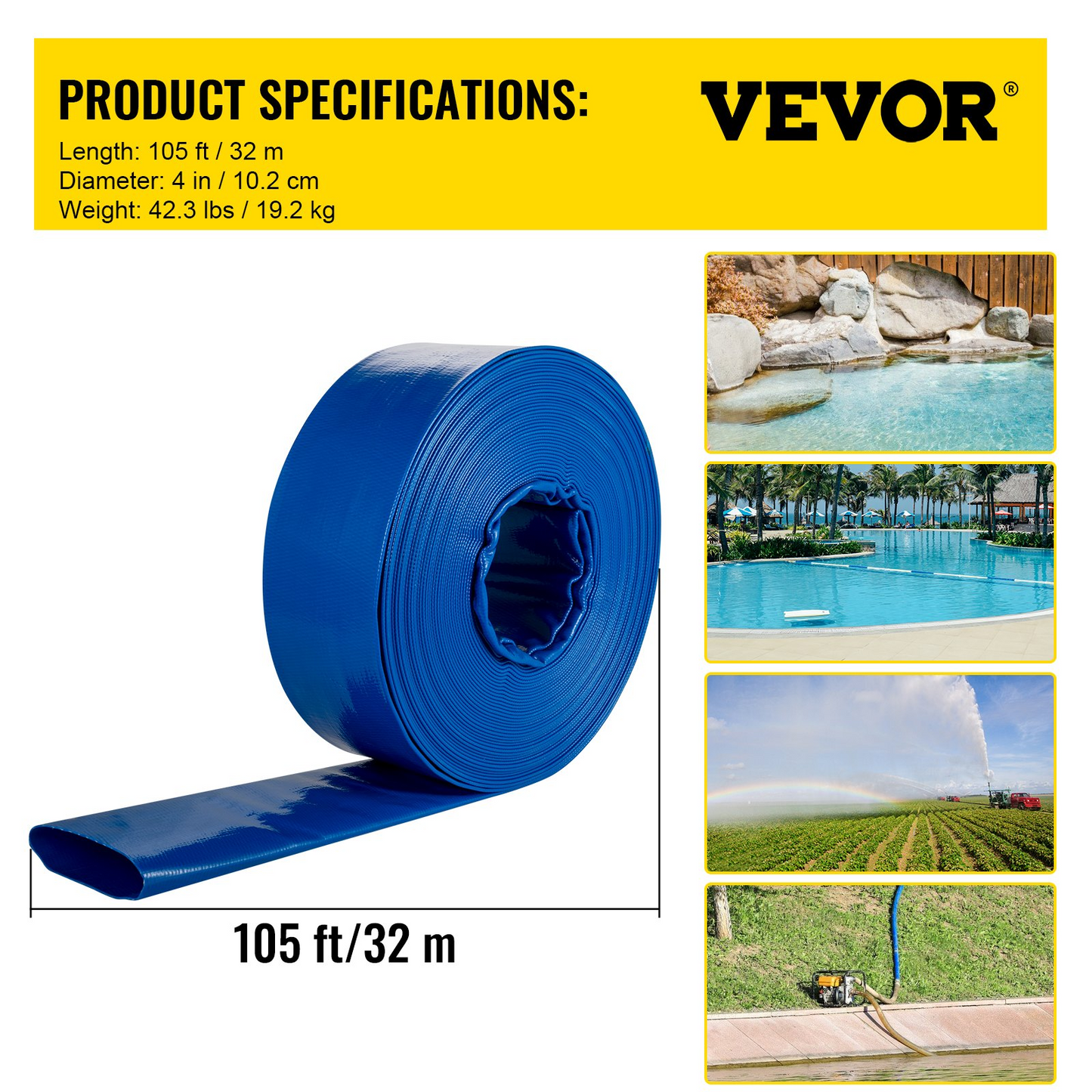 VEVOR Discharge Hose, 4" x 105', PVC Lay Flat Hose, Heavy Duty Backwash Drain Hose with Clamps, Weather-proof & Burst-proof, Ideal for Swimming Pool & Water Transfer, Blue