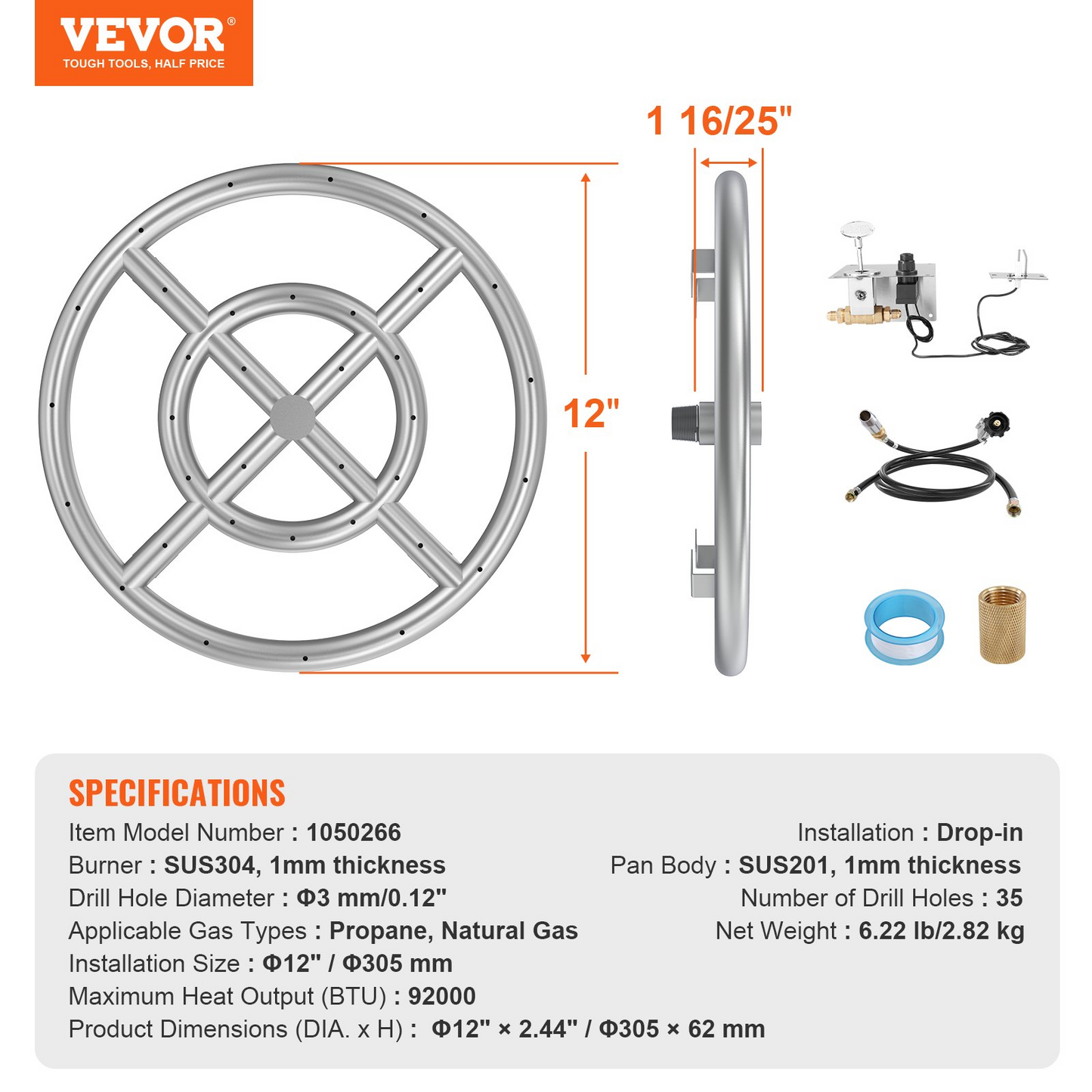 VEVOR Round Drop-in Fire Pit Pan 12 inch, Stainless Steel Fire Pit Burner Kit, Natural & Propane Gas Fire Pan with 92,000 BTU for Indoor or Outdoor Use