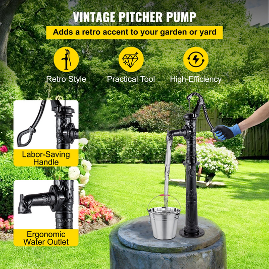 VEVOR Hand Water Pump w/ Stand 15.7 x 9.4 x 53.1 inch Pitcher Pump & 26 inch Pump Stand w/ Pre-set 1/2" Holes for Easy Installation Rustic Cast Iron Well Pump for Yard Garden Farm Irrigation Black