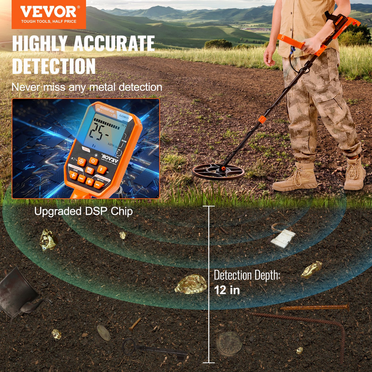 VEVOR Waterproof Metal Detector, 12" Coil, Professional Rechargeable Gold Detector, 39-50 in Adjustable with LCD 7 Modes Advanced DSP Chip Bluetooth Headset, IP68 for Detecting Gold Treasure Hunting