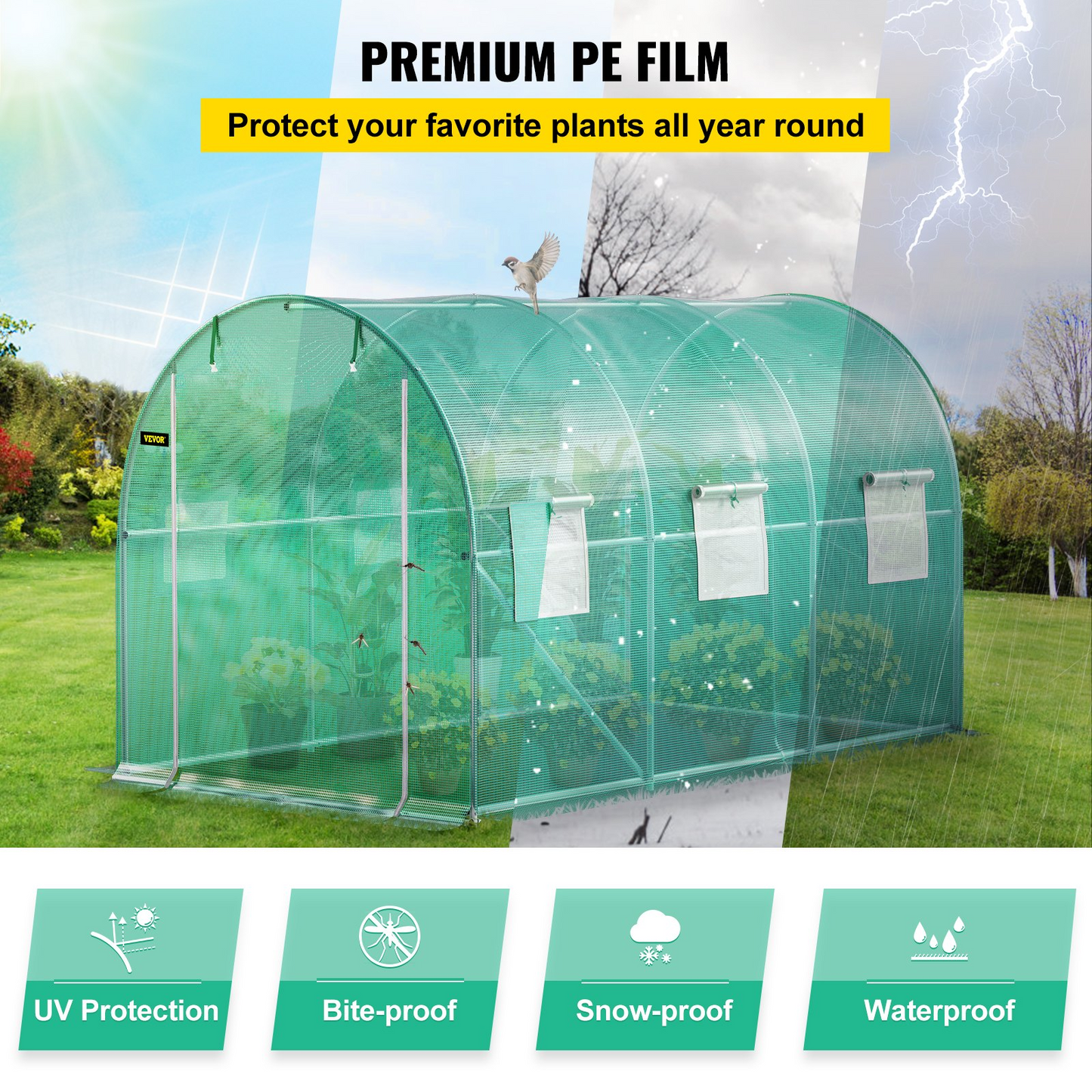 VEVOR Walk-in Tunnel Greenhouse, 12 x 7 x 7 ft Portable Plant Hot House w/ Galvanized Steel Hoops, 1 Top Beam, Diagonal Poles, Zippered Door & 6 Roll-up Windows, Green