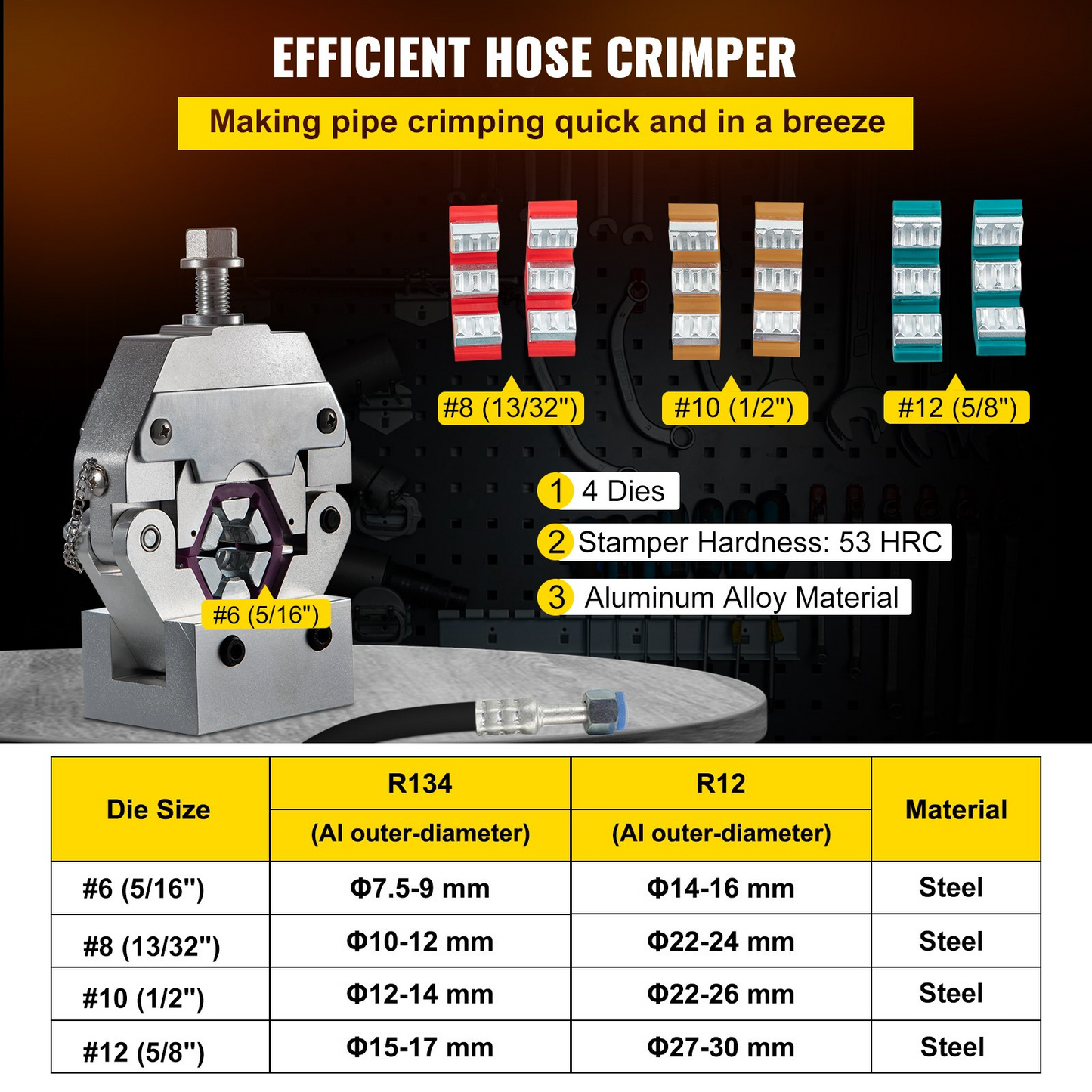 VEVOR Manually Operated AC Hose Crimper Hydra-Krimp 71550 Manual AC Hose Crimper Kit Air Conditioning Repair Handheld AC Hose Crimping Tool with 4 Dies