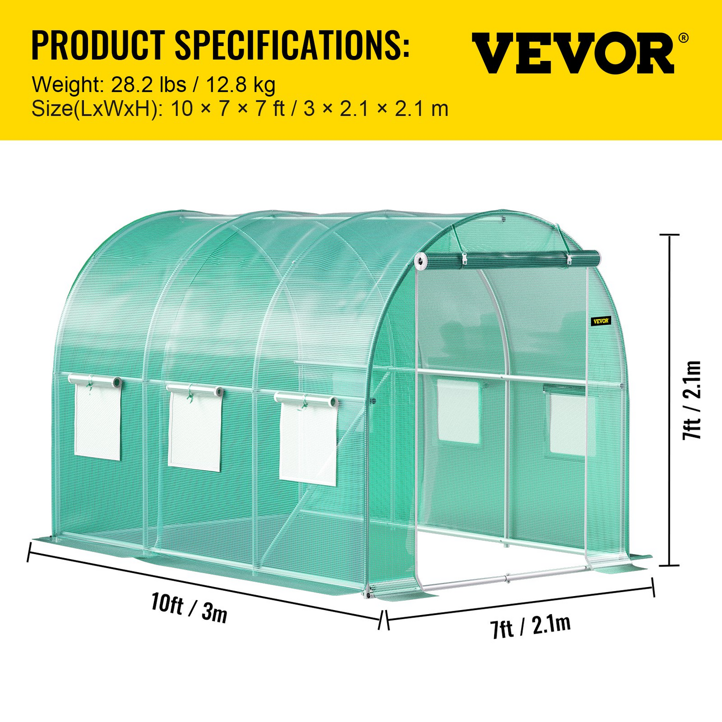 VEVOR Walk-in Tunnel Greenhouse, 9.8 x 6.6 x 6.6 ft Portable Plant Hot House w/ Galvanized Steel Hoops, 1 Top Beam, Diagonal Poles, Zippered Door & 6 Roll-up Windows, Green